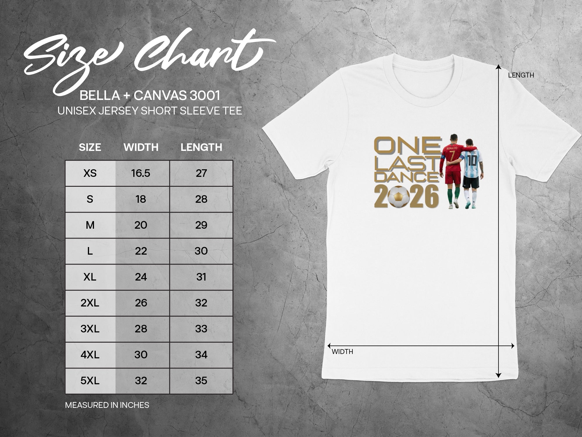 Size chart for Bella+Canvas 3001 unisex jersey short sleeve tee. Includes width and length.