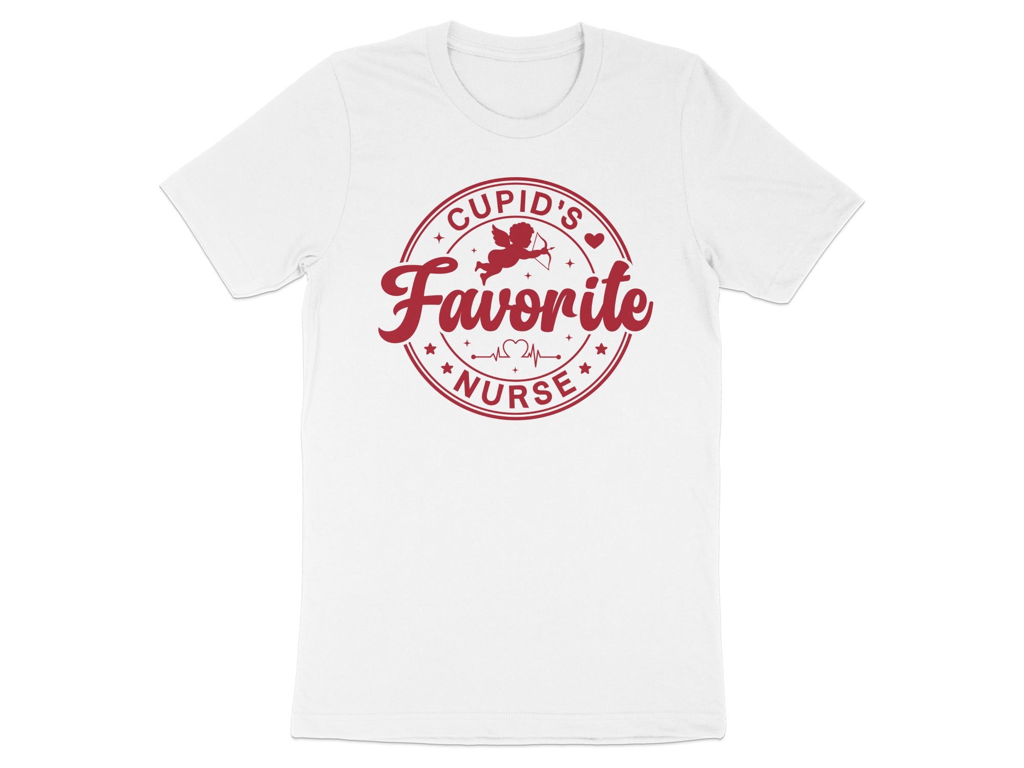 White t-shirt with red "Cupid's Favorite Nurse" text, cupid, and heart graphics.