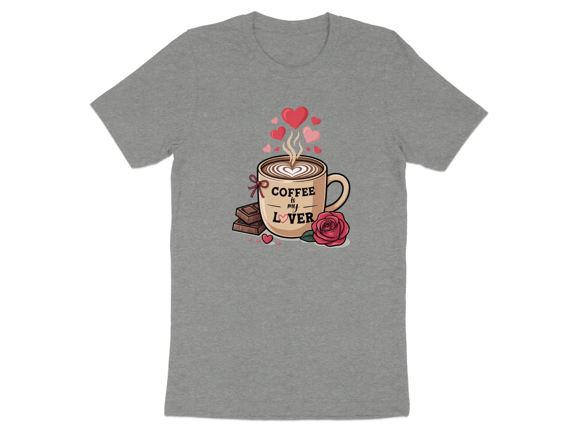 T-shirt graphic with coffee cup, hearts, rose, and chocolate text "Coffee is my lover".