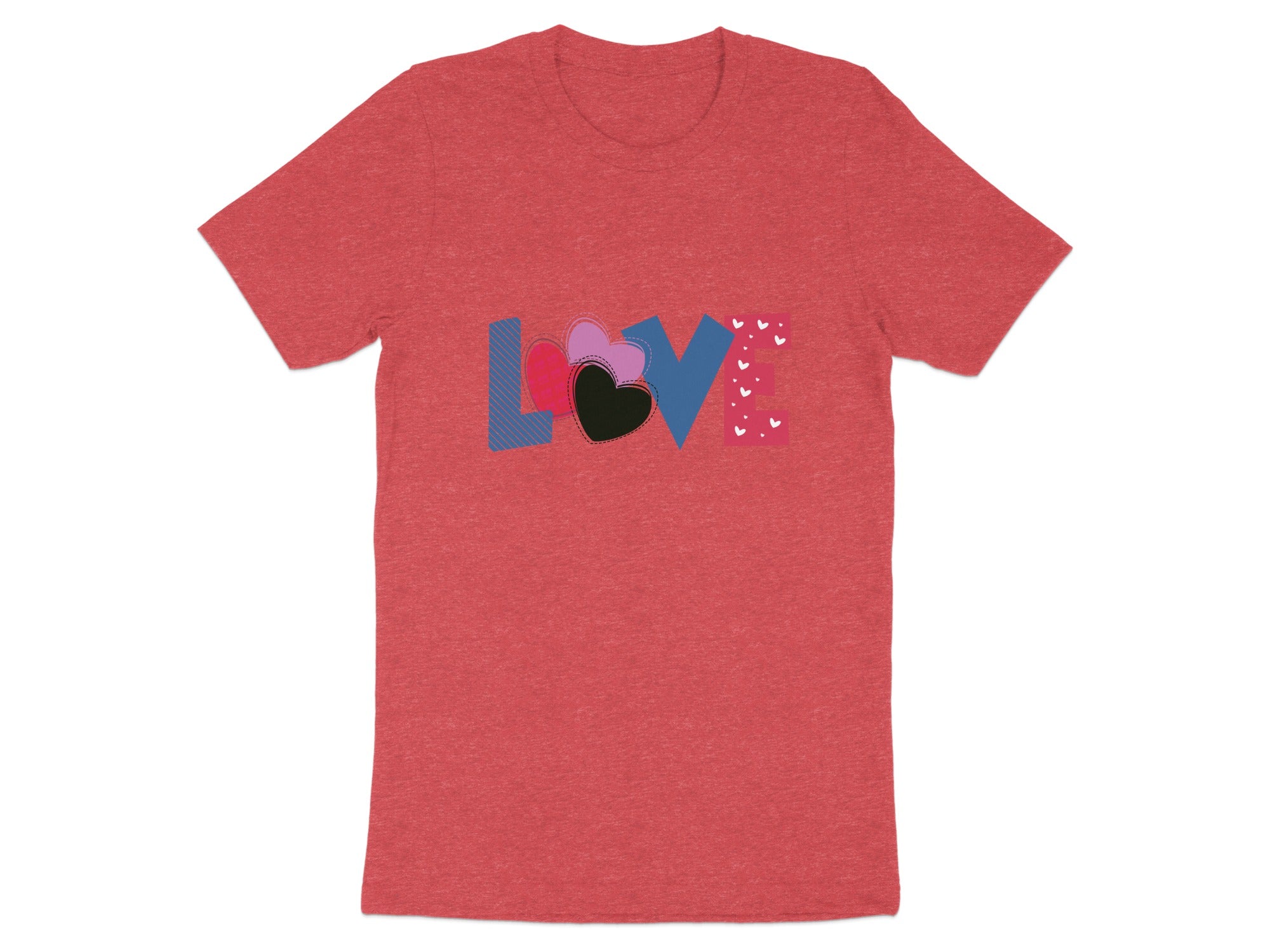 Red t-shirt with "LOVE" graphic featuring hearts and geometric patterns.