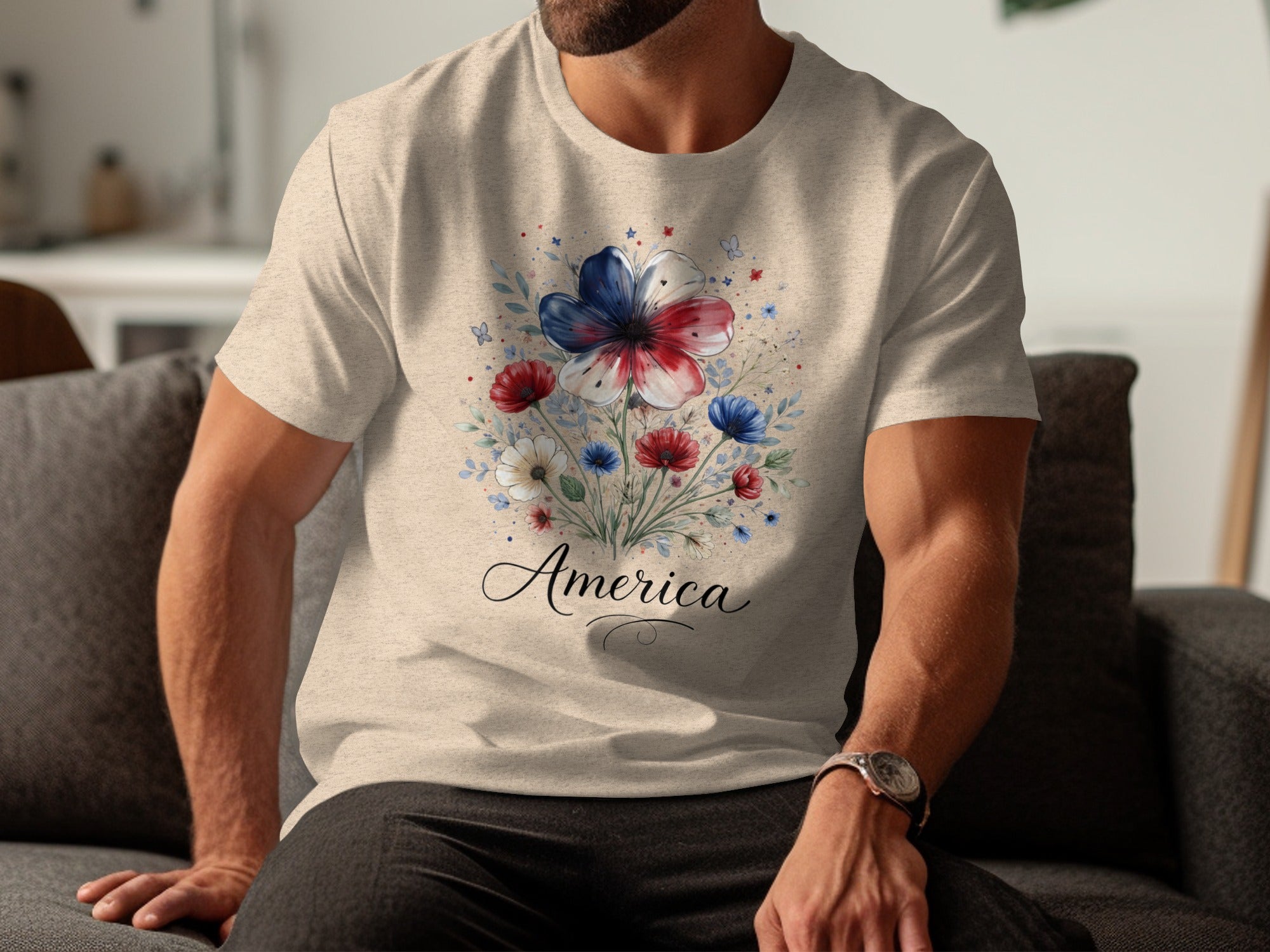 Cream t-shirt with American flag themed floral design and "America" text.