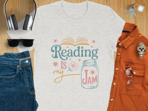 Light grey t-shirt with "Reading is my jam" text and book graphic.