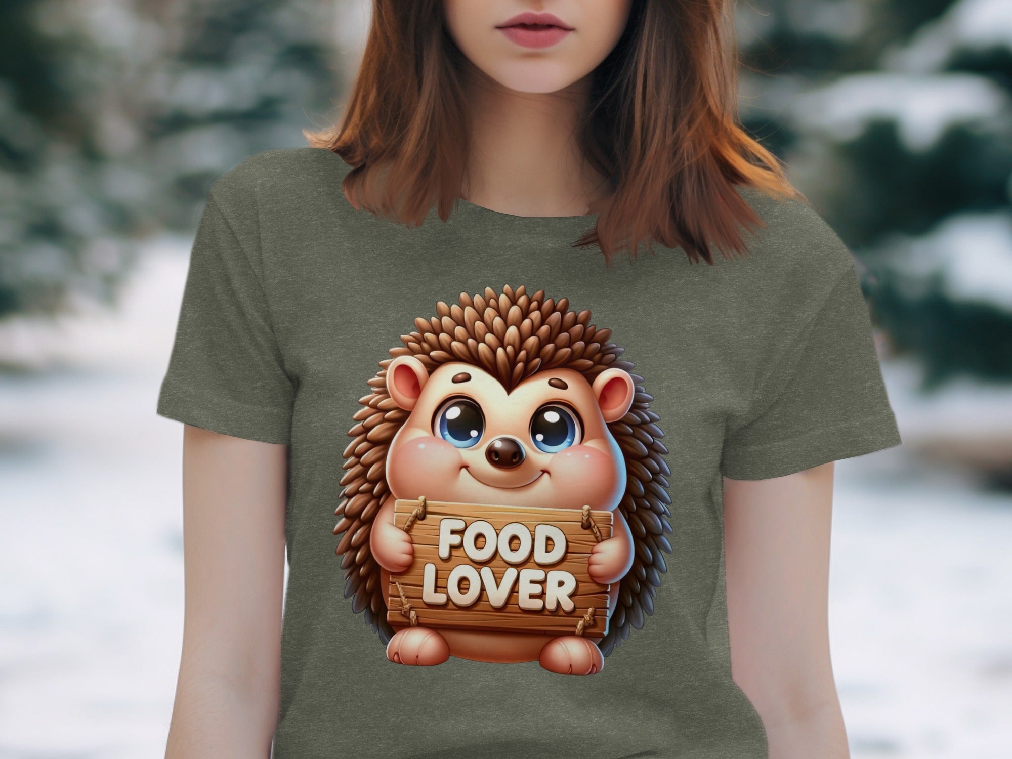 Cartoon hedgehog holding a wooden sign that says "FOOD LOVER".