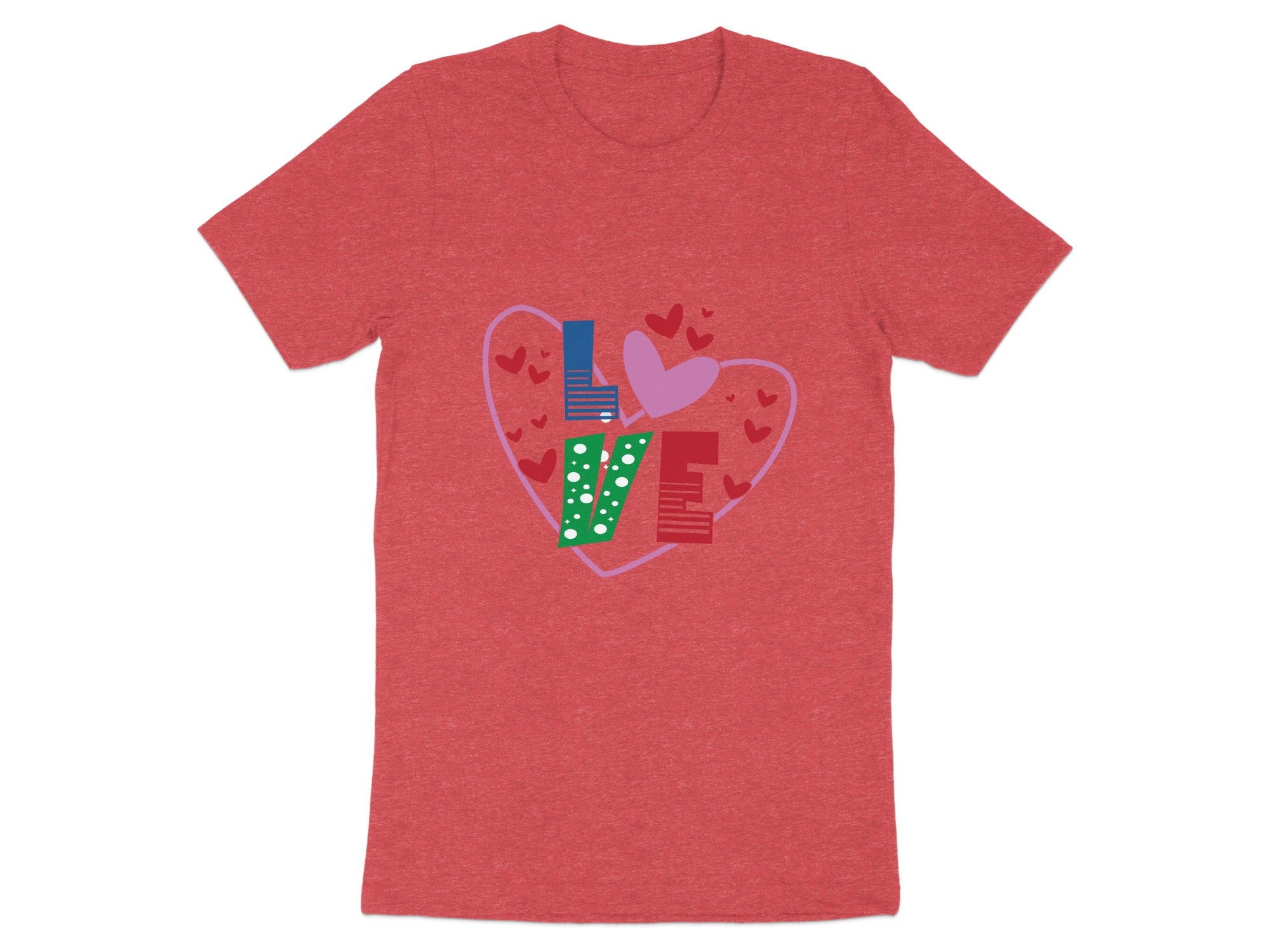 Red t-shirt with "LOVE" design formed by stylized letters and hearts.