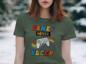 Green t-shirt with "GAMES NEVER SLEEP" text and a controller with rainbow stripes.