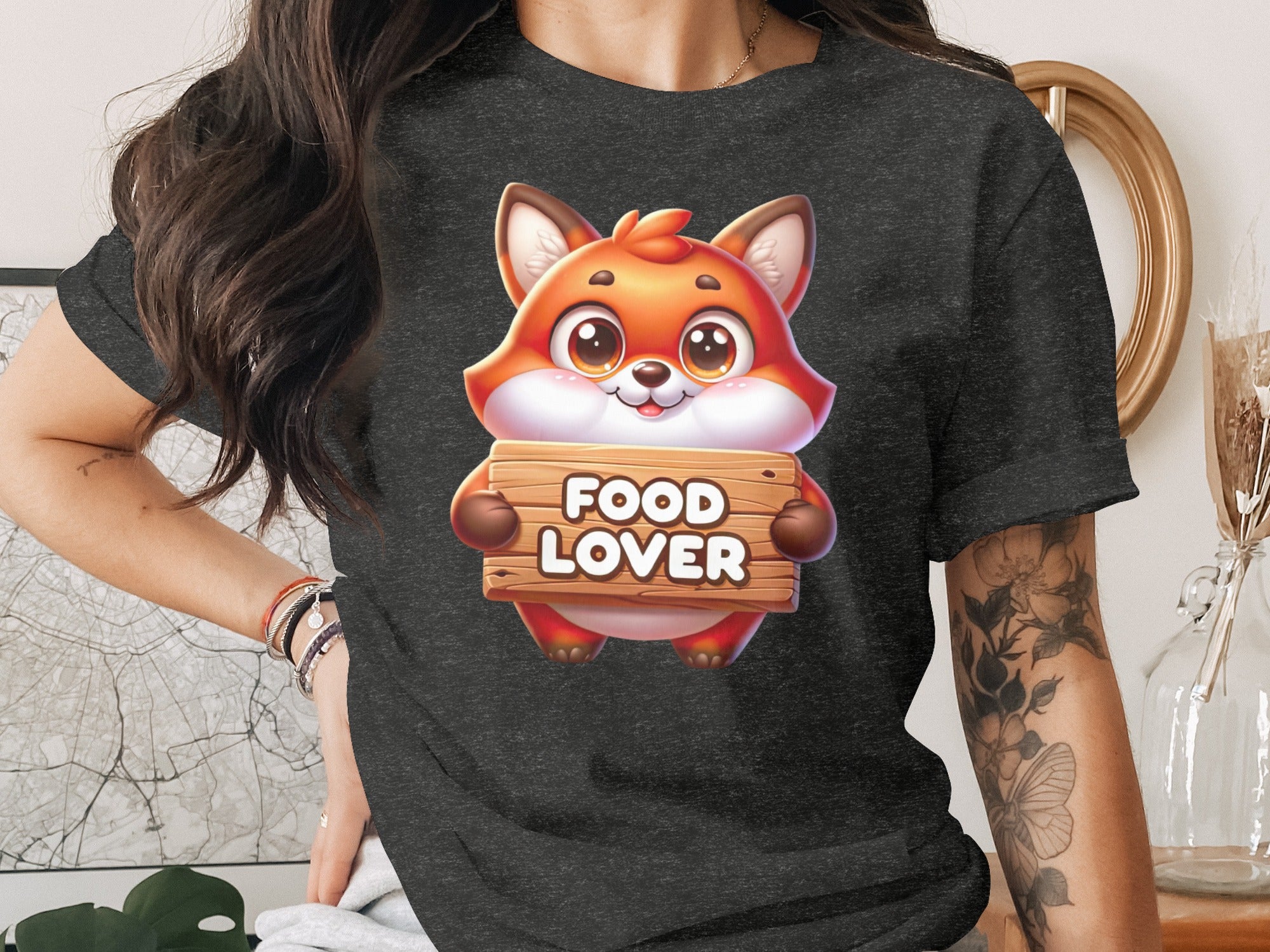 Cartoon fox holding a wooden sign that says "FOOD LOVER".