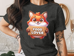 Cartoon fox holding a wooden sign that says "FOOD LOVER".
