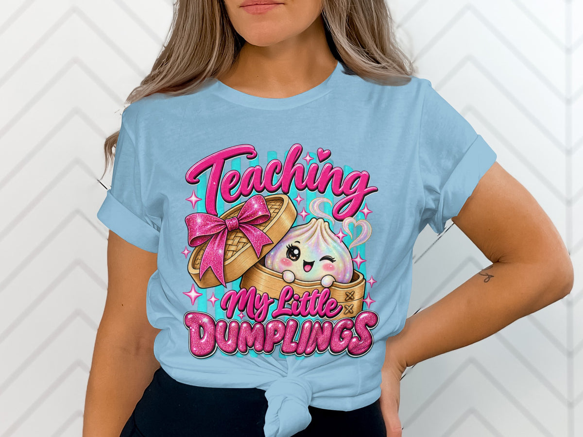 Light blue t-shirt with a cartoon dumpling and text "Teaching My Little Dumplings".