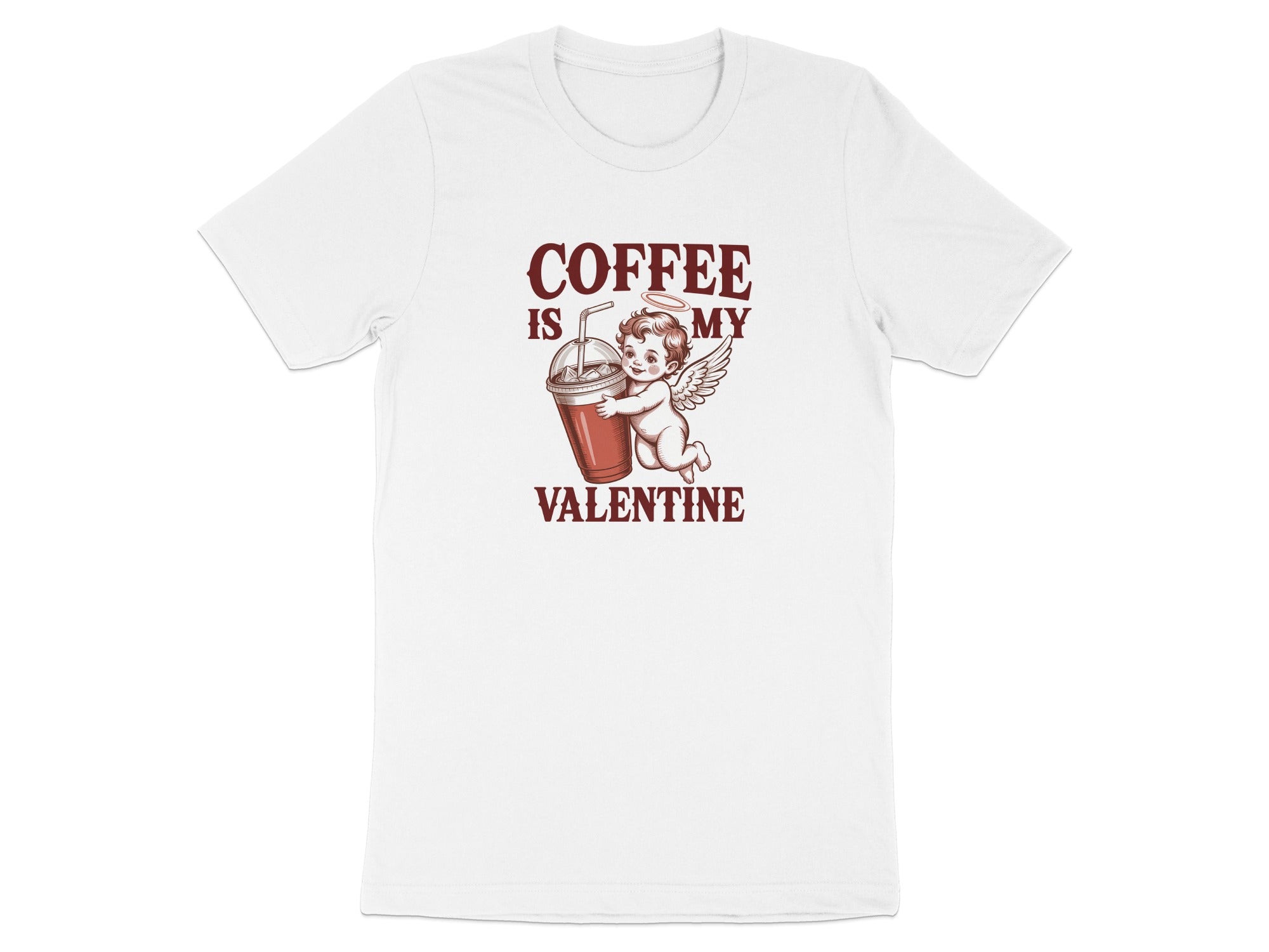 White t-shirt with "Coffee is my Valentine" text and cupid graphic.