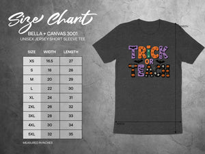 Bella + Canvas 3001 size chart for unisex tees with measurements in inches.