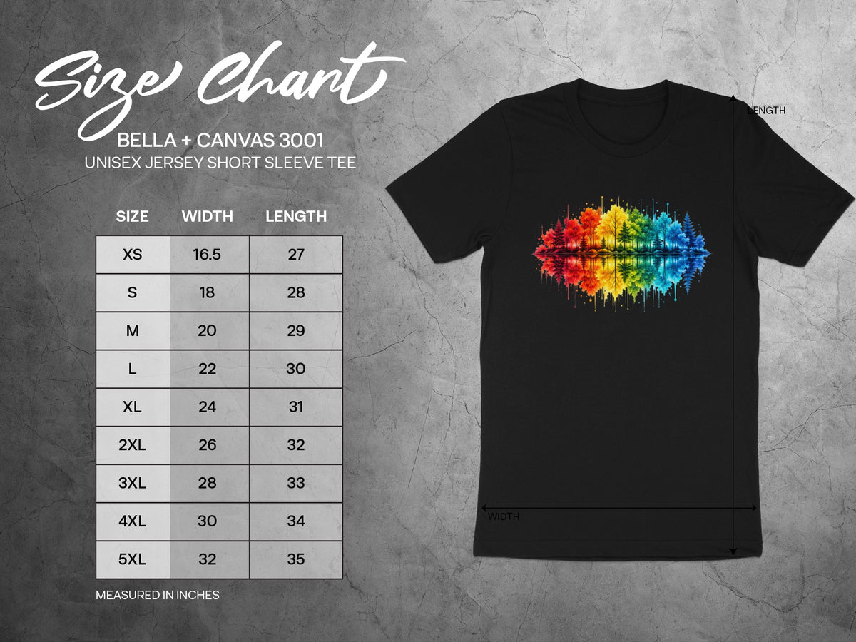 Bella + Canvas 3001 unisex t-shirt size chart with width and length measurements in inches.