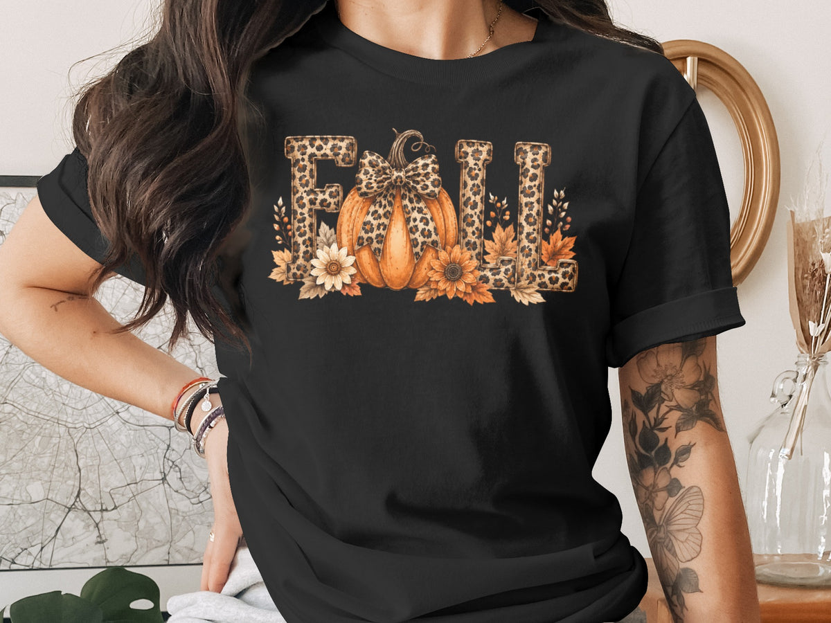 Black t-shirt with leopard print "FALL" text and pumpkin, sunflowers, and leaves design.