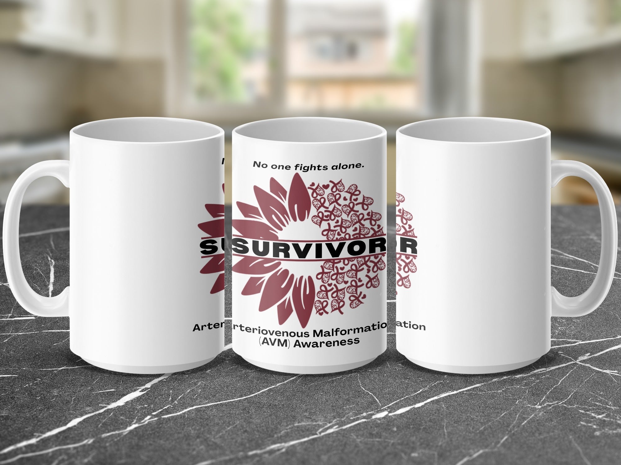 Survivor mug with sunflower design for Arteriovenous Malformation (AVM) Awareness.