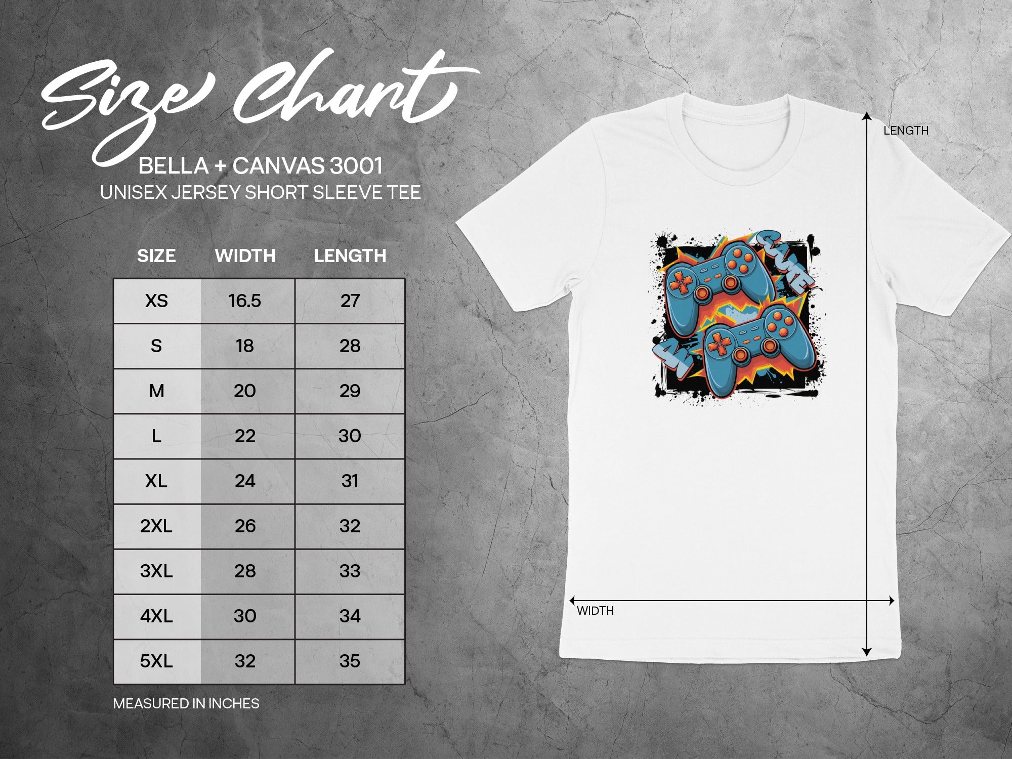 Bella + Canvas 3001 unisex short sleeve tee size chart with measurements in inches.