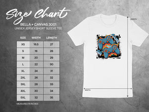 Bella + Canvas 3001 unisex short sleeve tee size chart with measurements in inches.