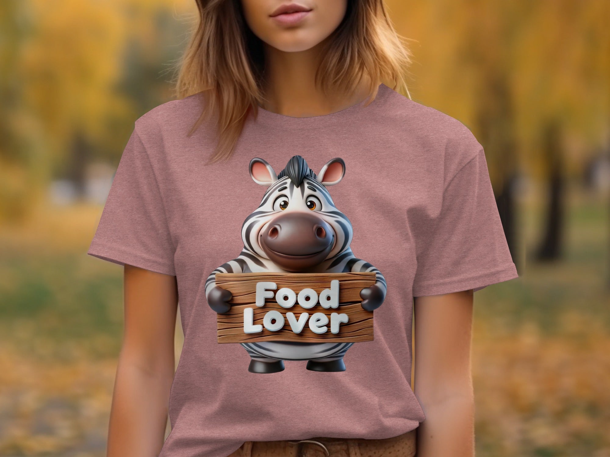 Cartoon zebra holding a wooden sign that says "Food Lover"