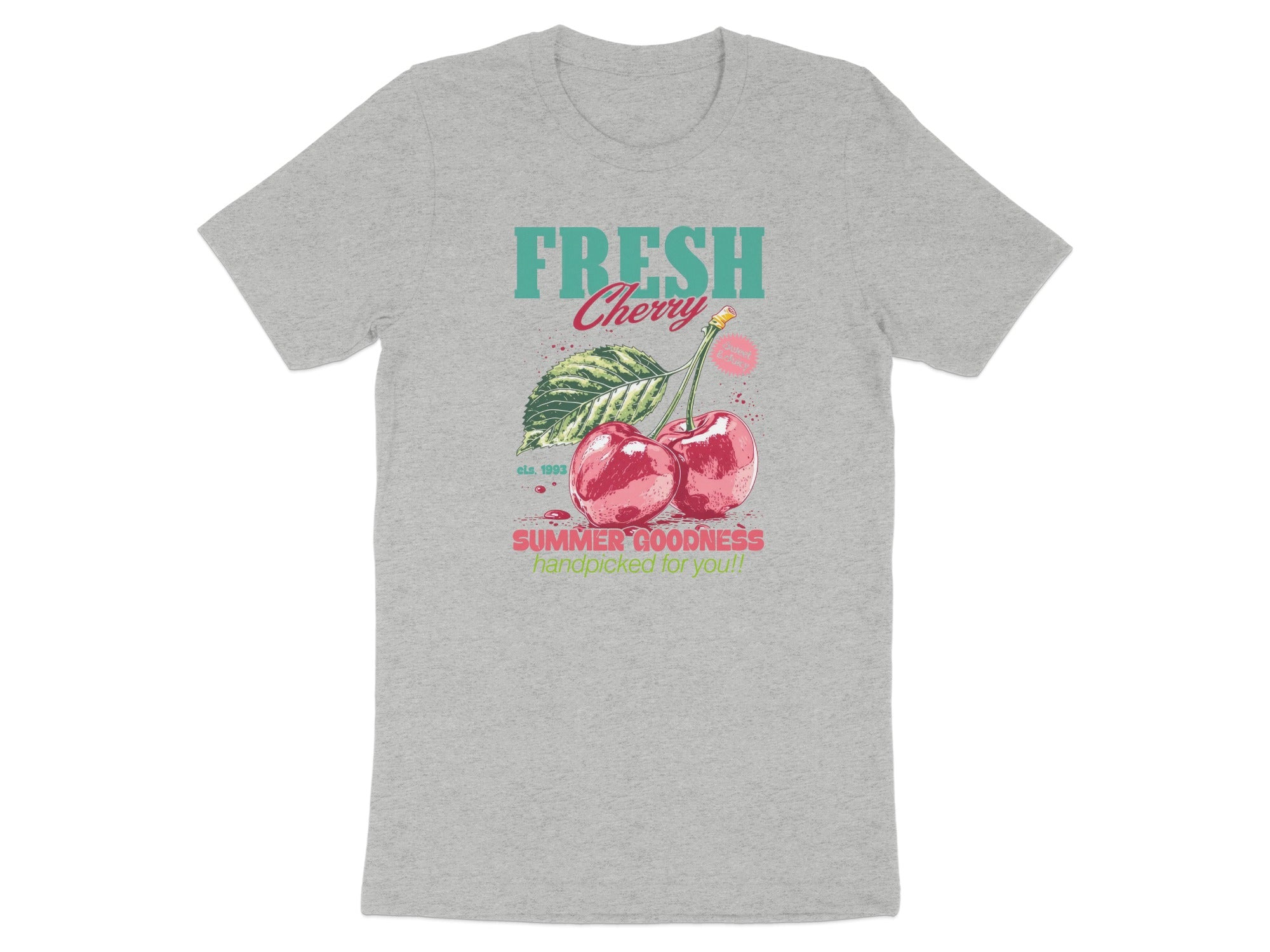 Gray t-shirt with graphic of fresh cherries, leaf, and text.