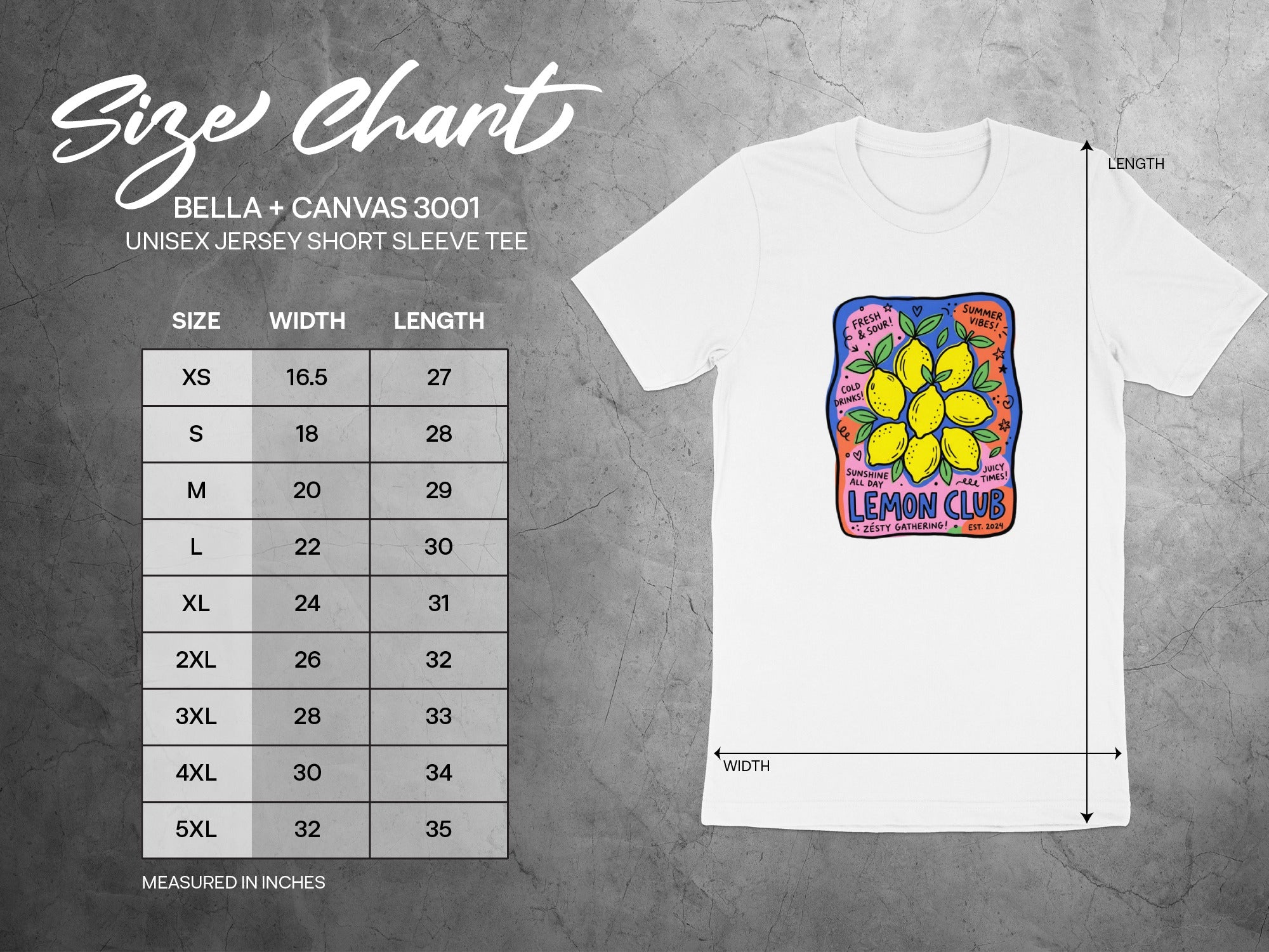 Size chart for Bella + Canvas 3001 unisex tee with lemon club graphic.