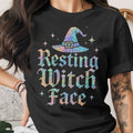 Black t-shirt with a glittery witch hat and "Resting Witch Face" text.