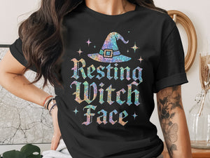 Black t-shirt with a glittery witch hat and "Resting Witch Face" text.