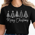 Black t-shirt with white Christmas trees and "Merry Christmas" text.