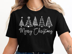 Black t-shirt with white Christmas trees and "Merry Christmas" text.