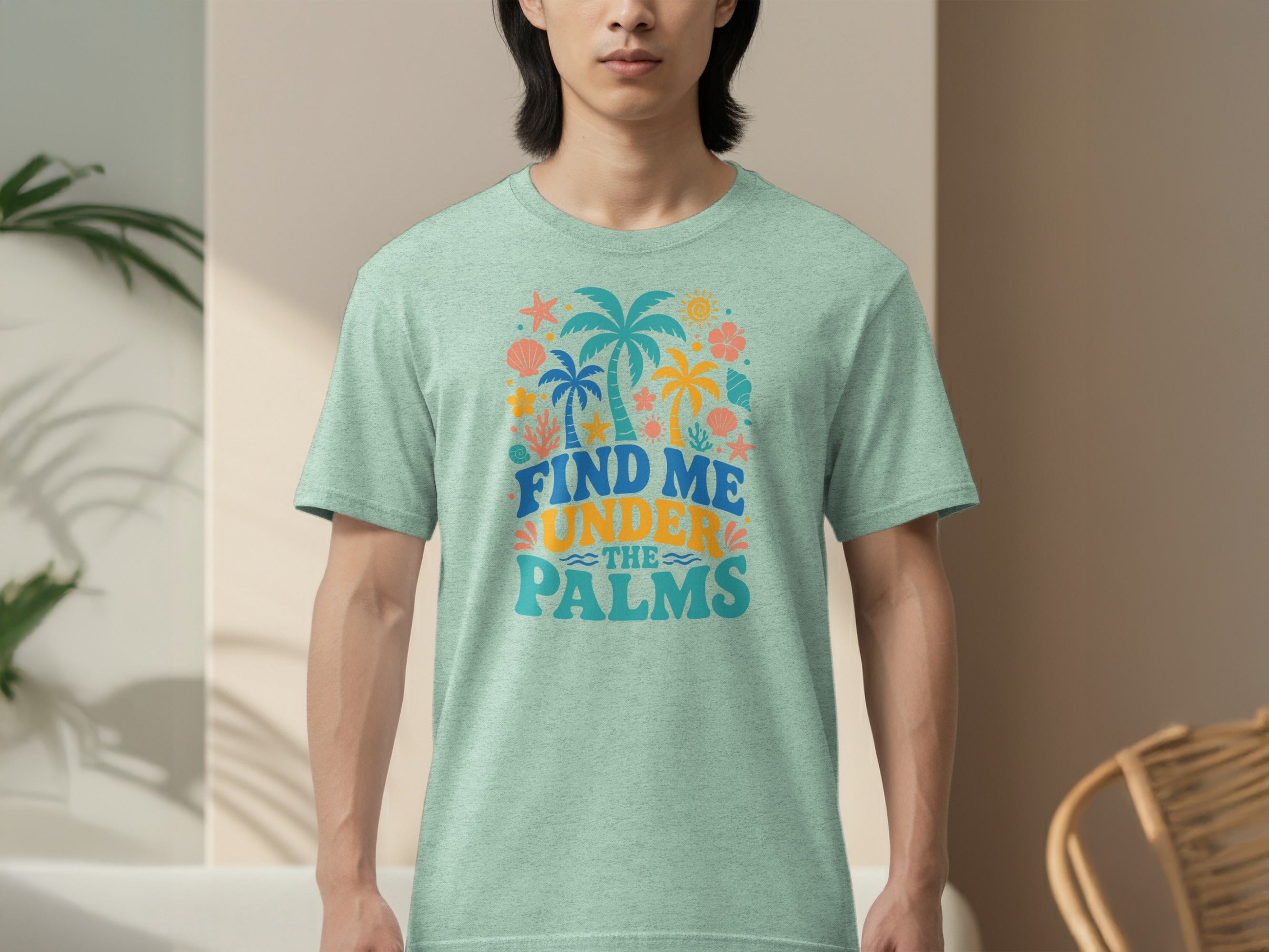 T-shirt with "Find Me Under The Palms" text and tropical graphics.