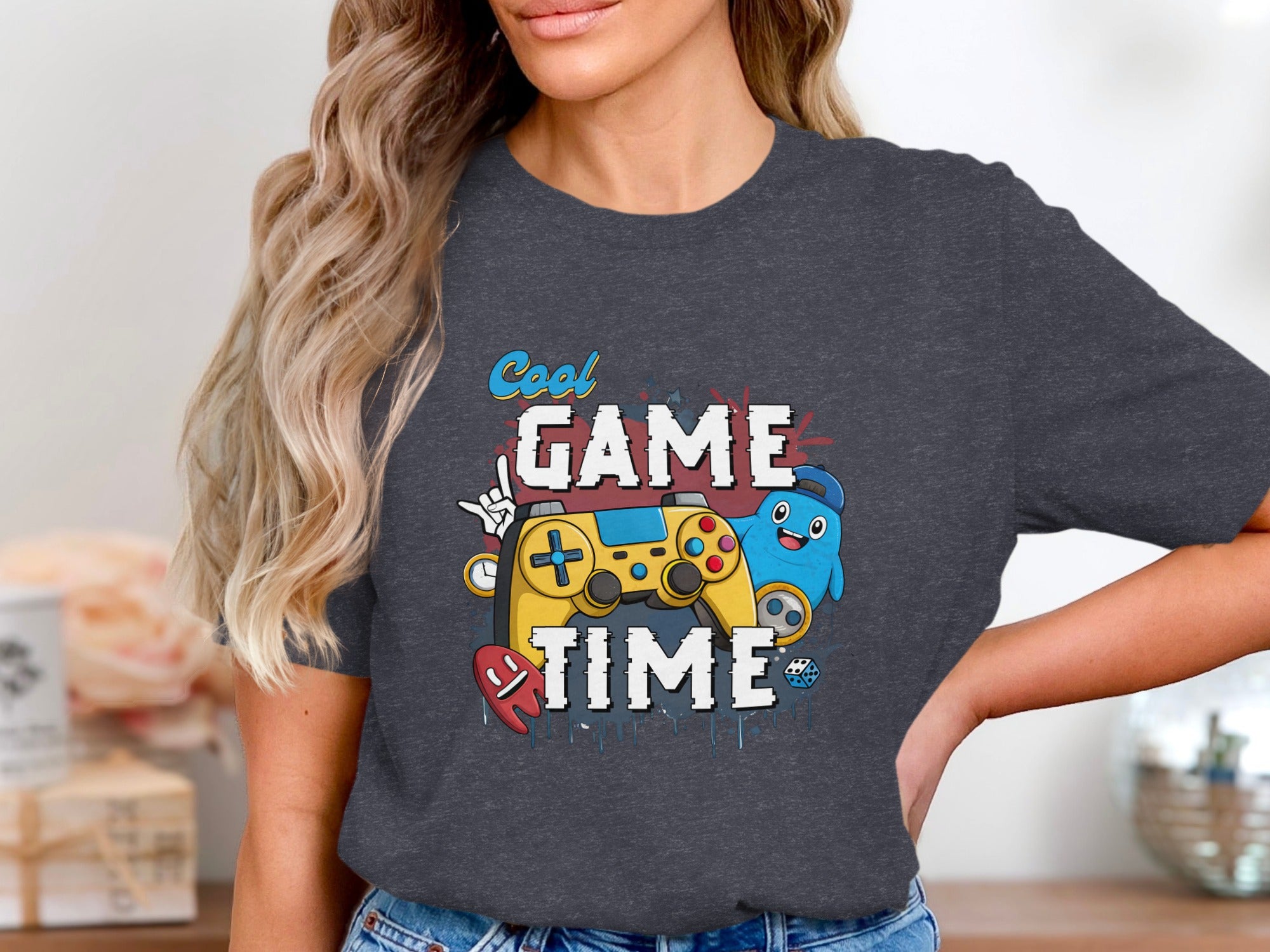 Graphic tee with "Cool Game Time" text, video game controller, and cartoon characters.
