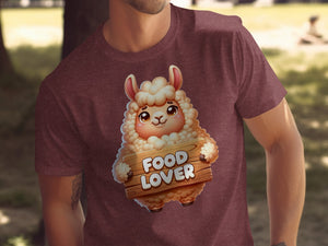 Cartoon sheep with "FOOD LOVER" sign on a burgundy t-shirt.