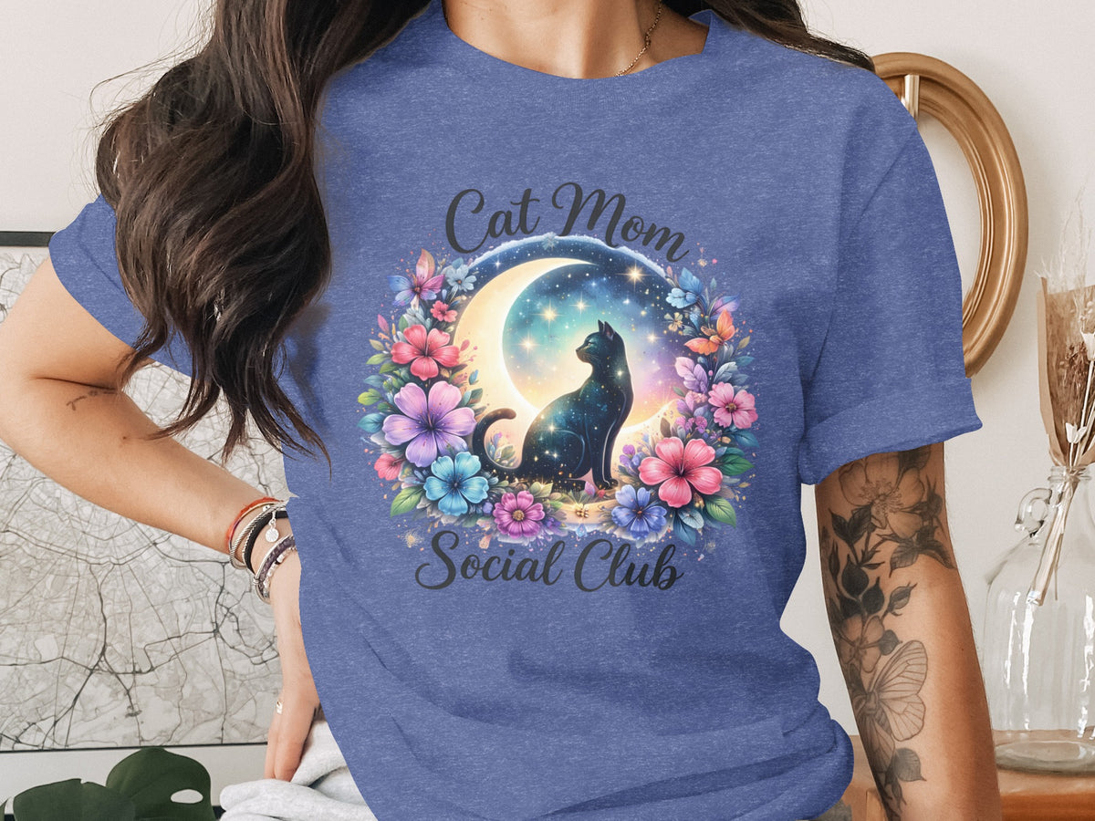 Black cat sits on moon surrounded by flowers with text "Cat Mom Social Club".