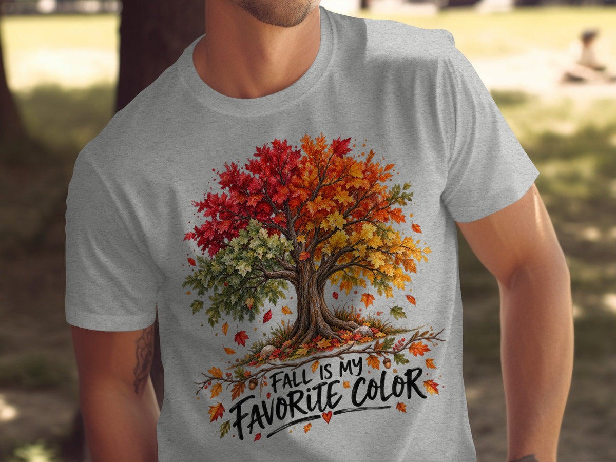 Gray t-shirt with a colorful tree graphic and "FALL IS MY FAVORITE COLOR" text.
