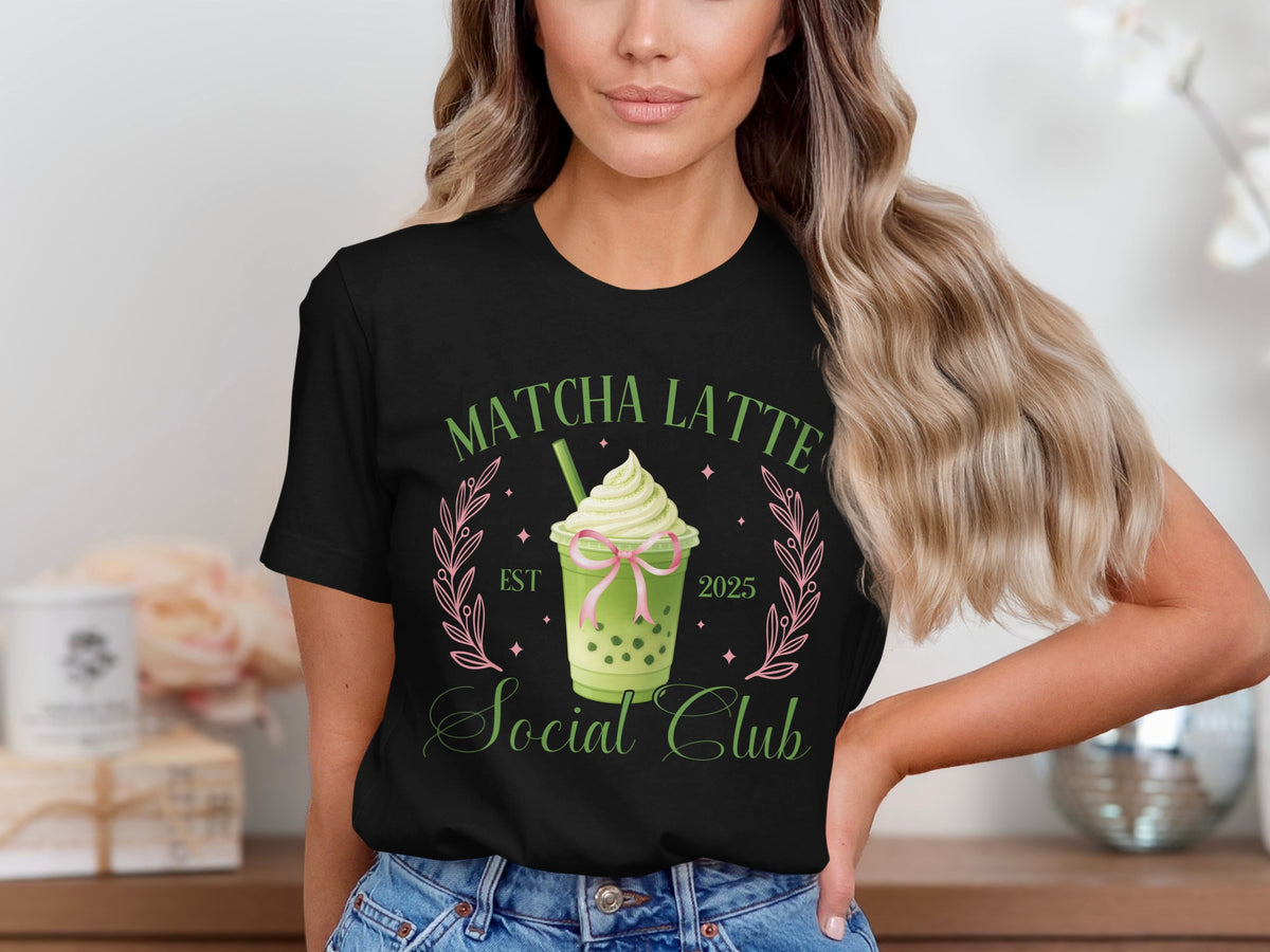 Black t-shirt with Matcha Latte Social Club graphic featuring a drink, Est 2025, and floral accents.