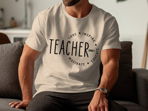 Light tan t-shirt with "TEACHER" and "Love Inspire Motivate Educate" text design.