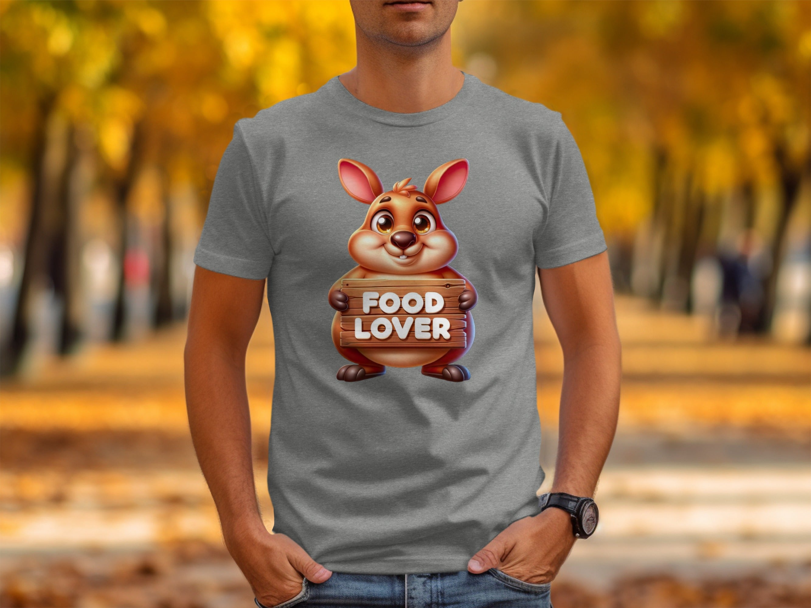 Cartoon kangaroo holding a wooden sign that says FOOD LOVER.
