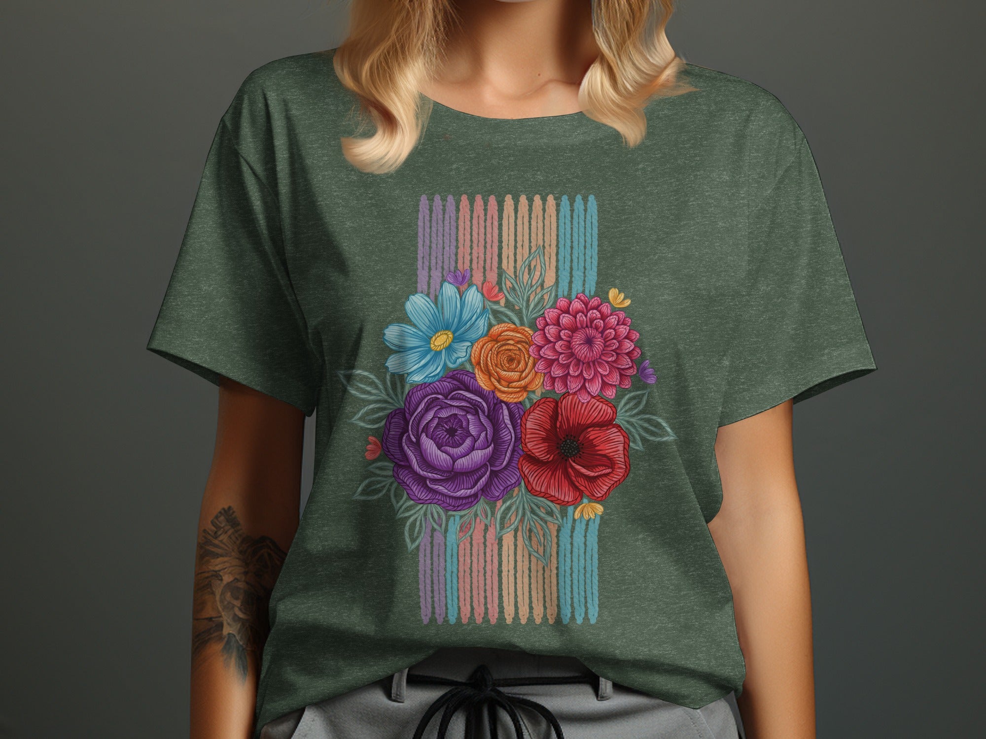 Green t-shirt with colorful floral bouquet and striped background design.