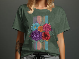 Green t-shirt with colorful floral bouquet and striped background design.