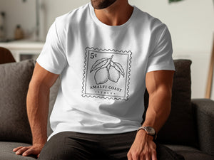 White t-shirt with a black stamp design featuring lemons and text.