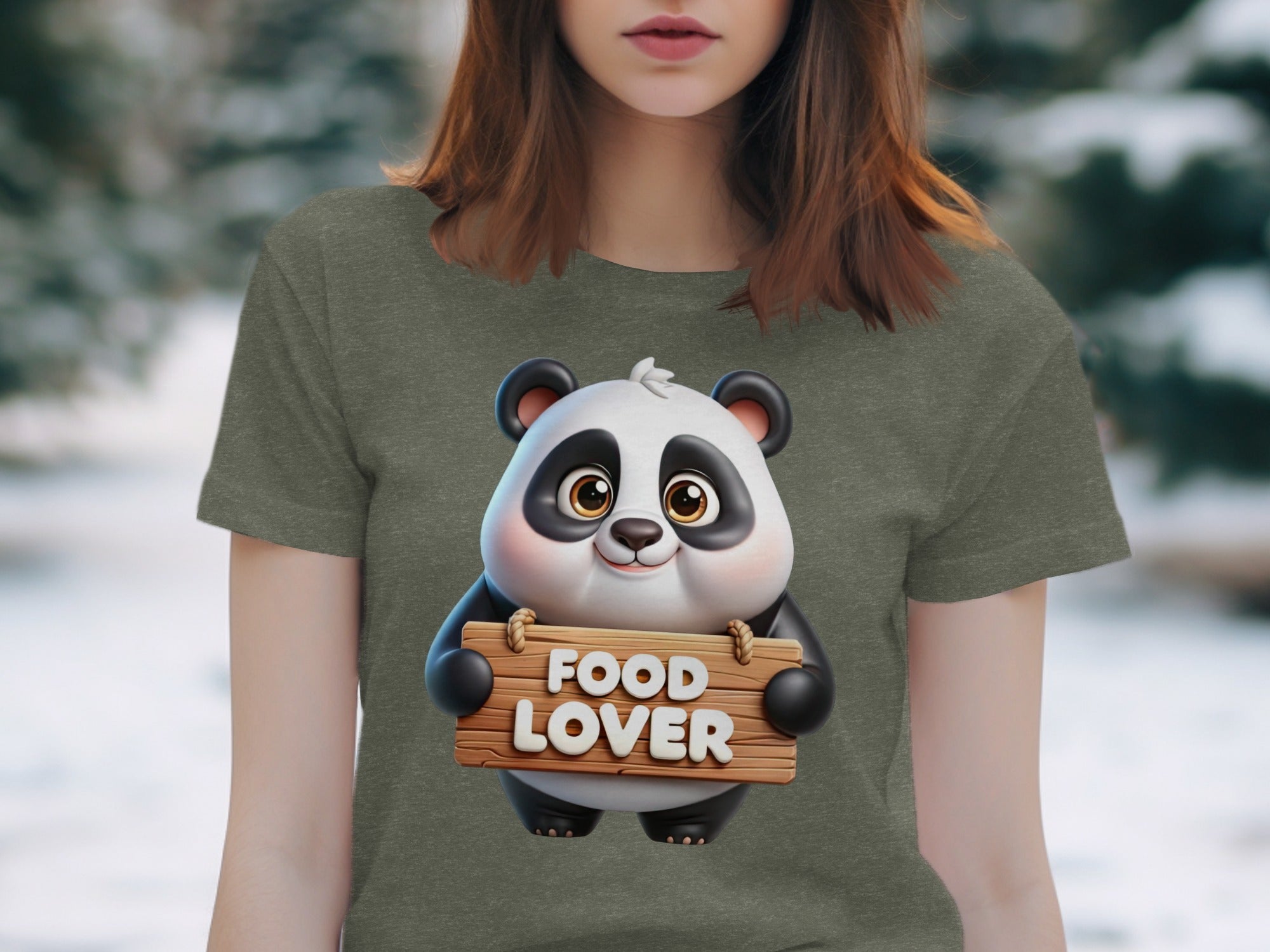 Cartoon panda holding a wooden sign with the words "FOOD LOVER" printed on it.