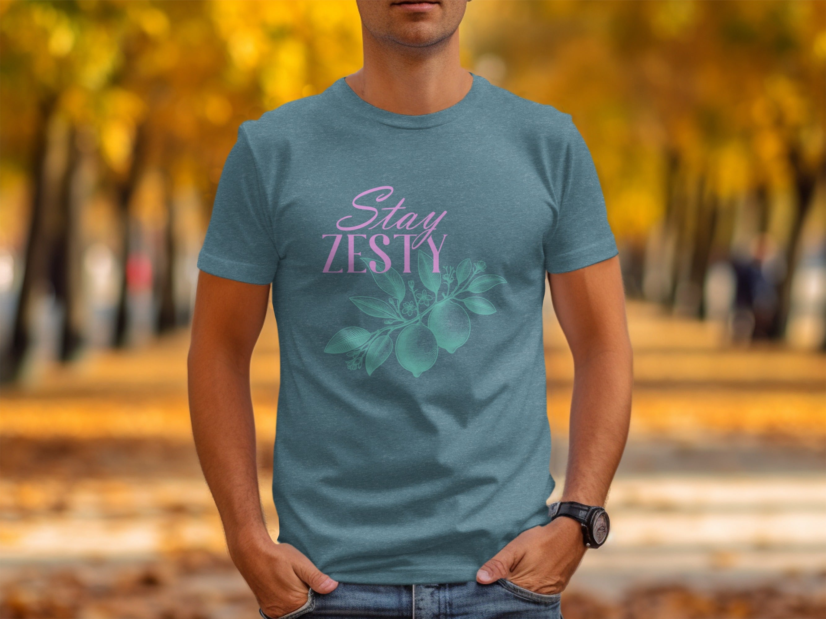 Teal t-shirt with "Stay Zesty" text and lemon branch graphic.
