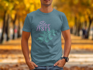 Teal t-shirt with "Stay Zesty" text and lemon branch graphic.