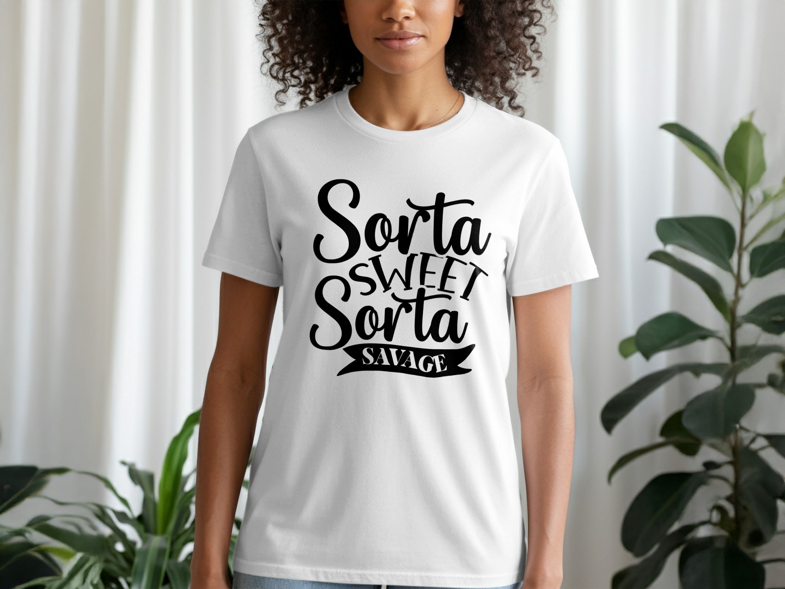 White t-shirt with black text reading "Sorta Sweet Sorta Savage".