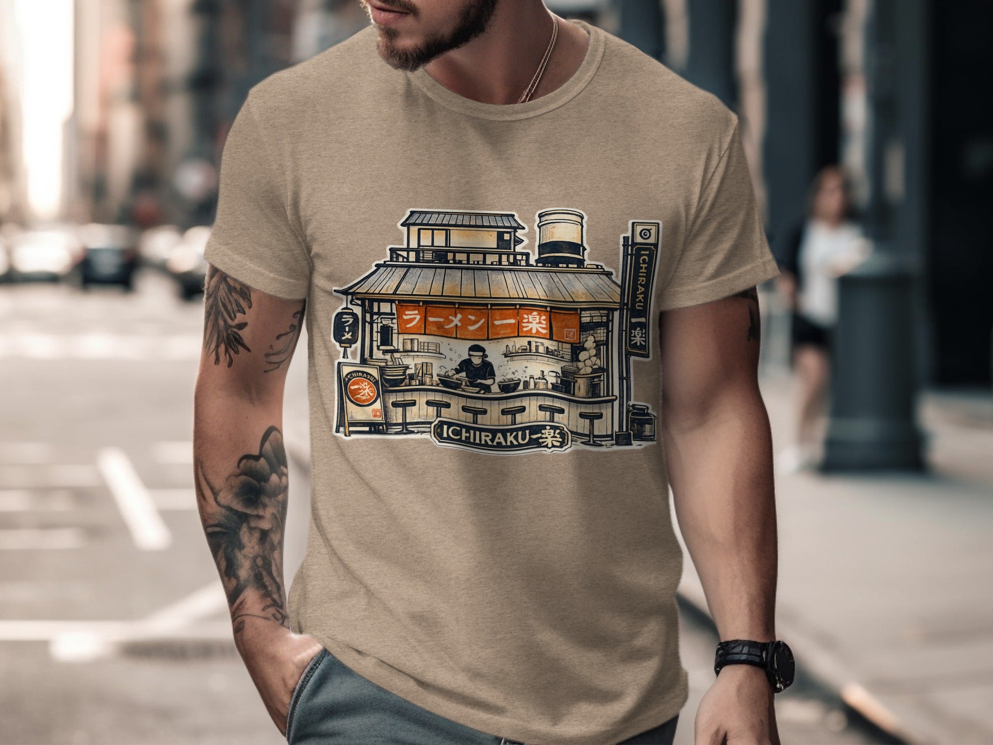 T-shirt graphic of a ramen shop with Ichiraku in Japanese and English text.