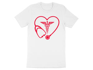 White t-shirt with a red heart outline containing a caduceus and stethoscope.