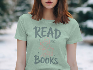 Light green t-shirt with "Read More Books" text and a duck reading a book.