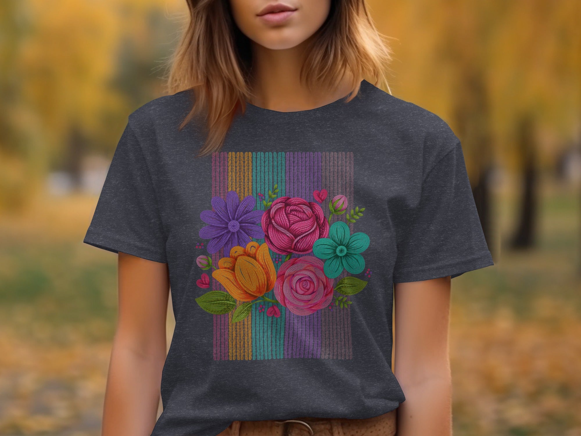 Dark grey t-shirt with colorful yarn