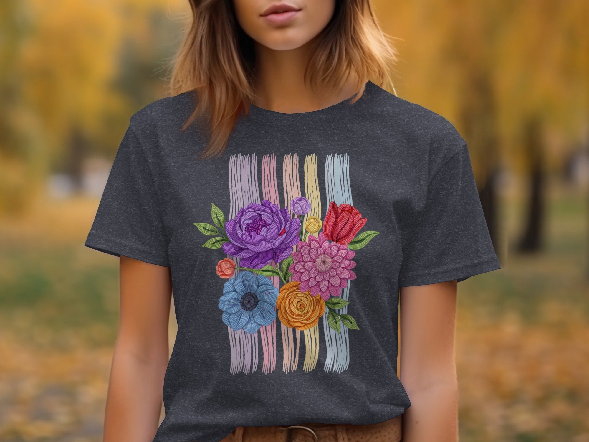 Dark grey t-shirt with colorful floral bouquet and vertical stripes design.