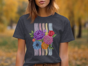 Dark grey t-shirt with colorful floral bouquet and vertical stripes design.