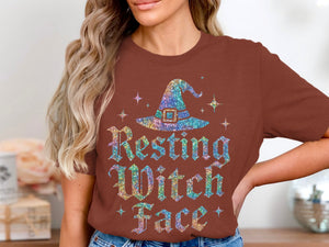 Brown t-shirt with a sparkly witch hat and text "Resting Witch Face".