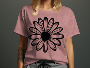 Pink t-shirt with a black daisy graphic design on the front.