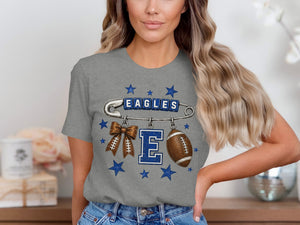 Grey t-shirt with "EAGLES" text, football, bow, and E graphic.